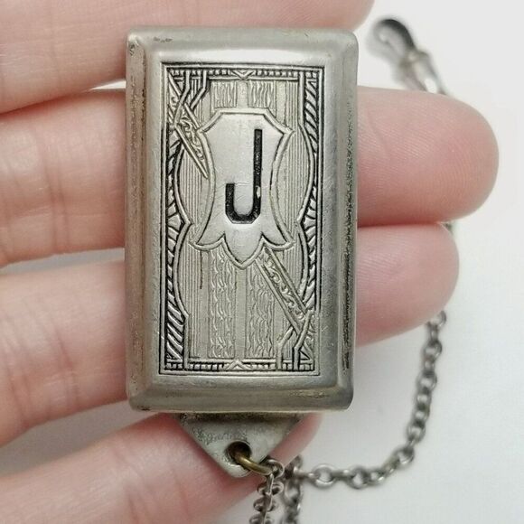 Vintage Watch Chain, J Monogram Slide and Dog Clip, True Silver Plate. Estate - Picture 7 of 8